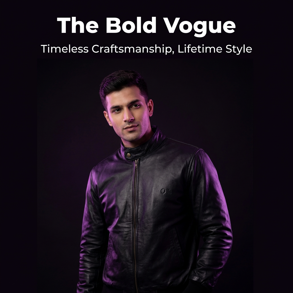 Man wearing a black leather jacket with 'The Bold Vogue' text on a dark background